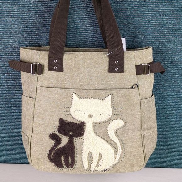 Handbags - For Kitty Rescue! Adorable Canvas Tote Bag With Kitty Appliqué